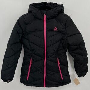 NWT REEBOK Girls Black Pink Puffer Hoodie Jacket Size L (14/16)